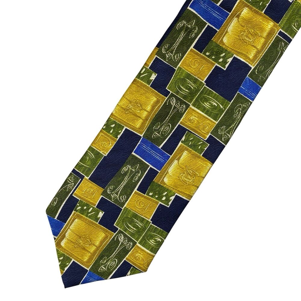 Vintage Ungaro Paris Silk Tie Italy Geometric Abstract Vibrant Blue Gold Green
